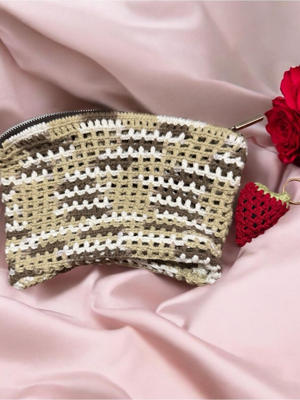 Handwoven Beige & Brown Crochet Pouch and crochet strawberry - Women Bags